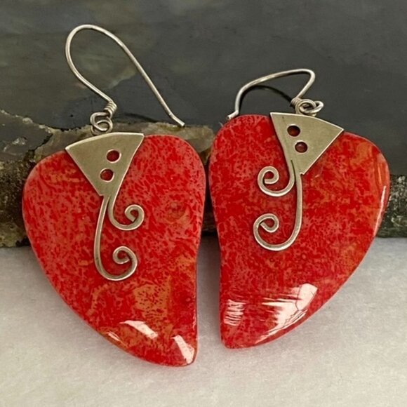 Sterling Silver 925 1.83" Red Sponge Coral Scrollwork Dangle Earrings 4.6g - Picture 6 of 16
